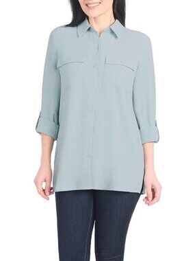 Hilary Radley Button Down Shirt Womens Size XXL Light Blue Long-Sleeve Roll Tab